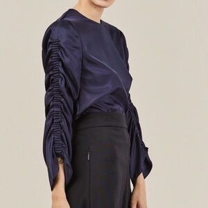 Tibi Navy Long-Sleeve Blouse with Ruched Sleeves
